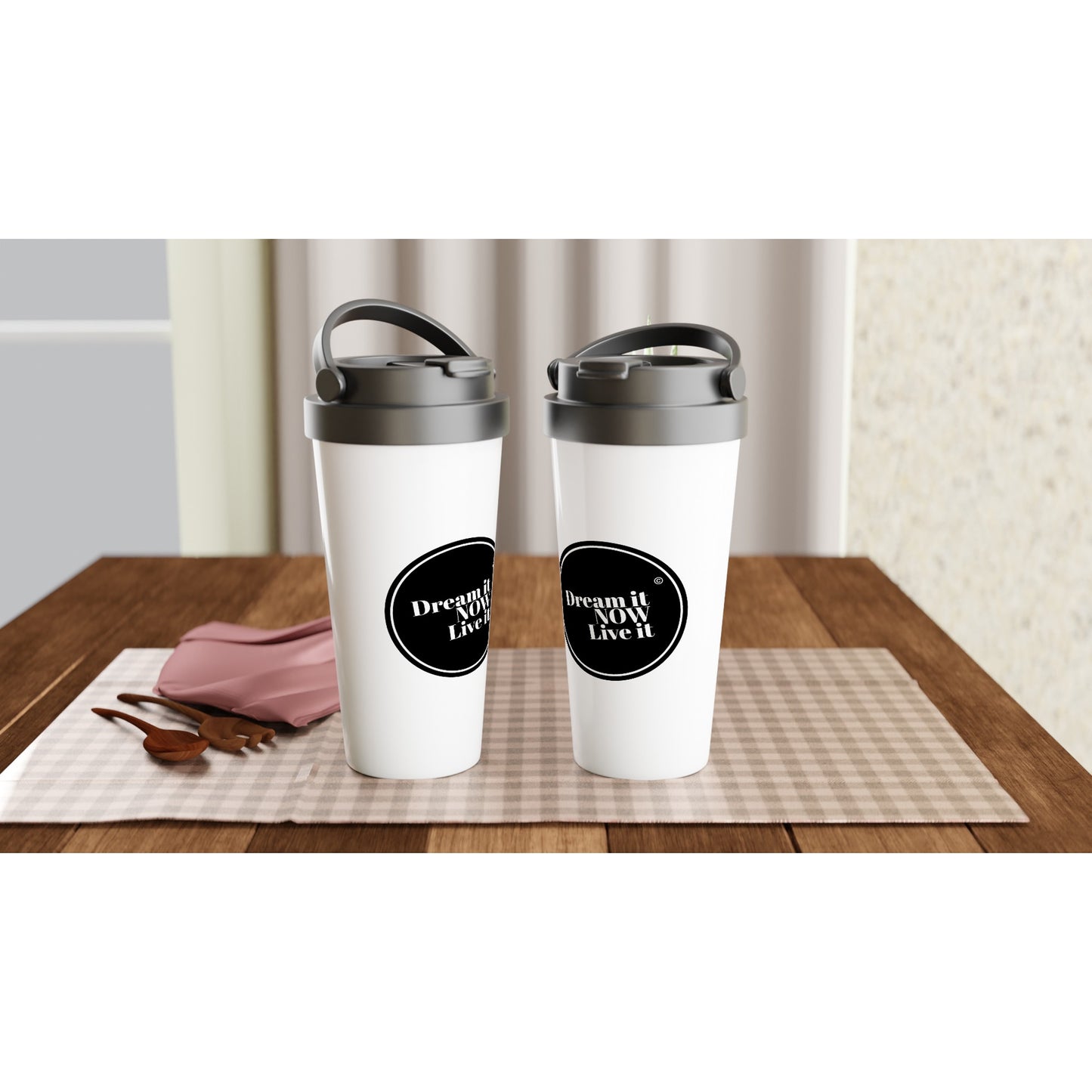 Dream it NOW Live it White 15oz Stainless Steel Travel Mug